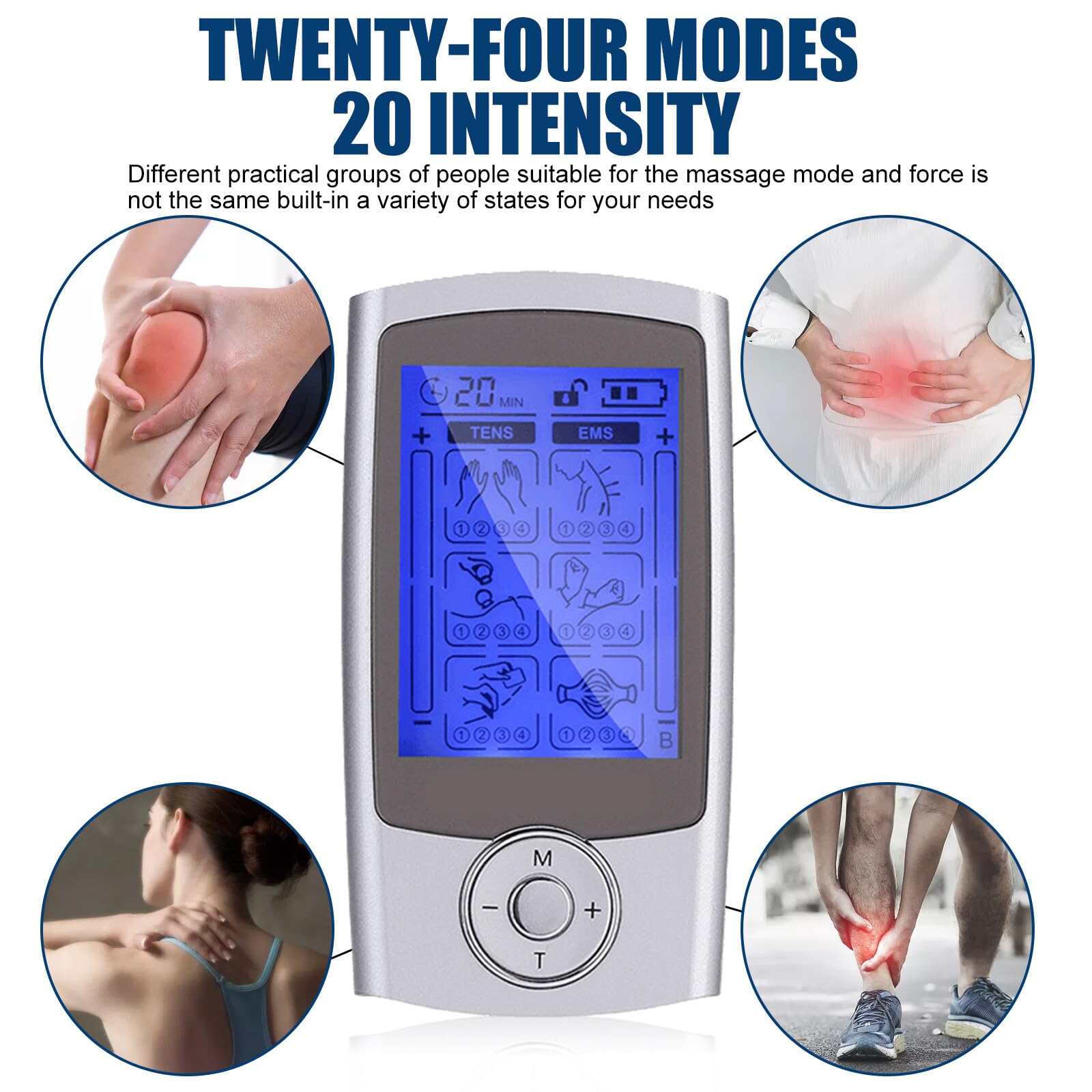 TENS EMS electrostimulateur musculaire, Appareil de thérapie de la douleur TENS rechargeable electrostimulation appareil appareil de thérapie la douleur avec 24 programmes d'entraînement et 2 canaux