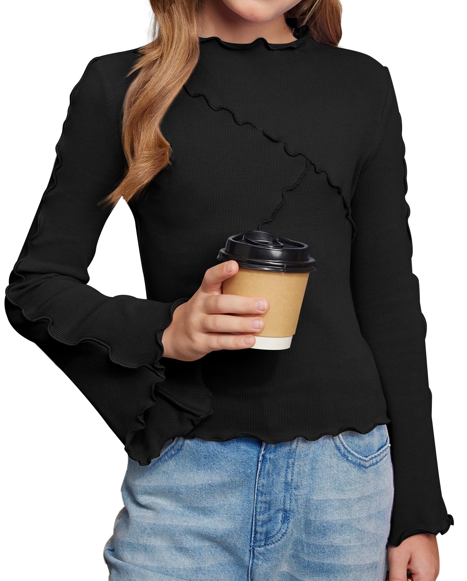 Girls Long Bell Sleeve Shirts Mock Neck Lettuce Trim Ribbed Knit Blouse Slim Fit Y2K Inspired Fashion Tops 6-14 Years