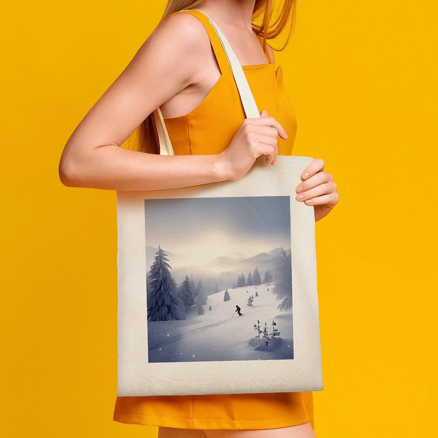 Winter Skiing Cotton Polyester Blend Canvas Carryall Bag | Winter Skiing Reusable Fabric Handbag for Grocery Travel Daily Errands Multipurpose Storage Carry Tote