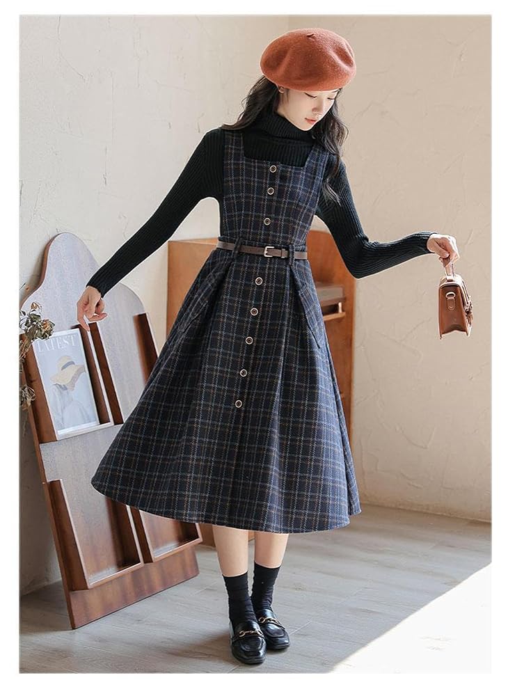Cuteighteen Sleeveless Plaid Belted Dress for Women Fall