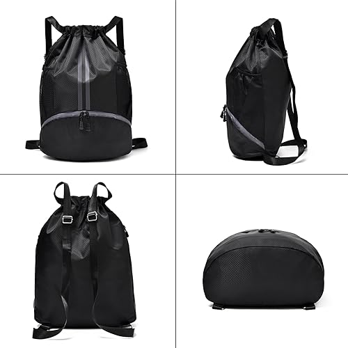 Miniatura 3 de Bolsa de gimnasio negra con cordón para hombre, mochila impermeable con cordón para mujer, bolsa de natación con compartimento para zapatos, bolsa