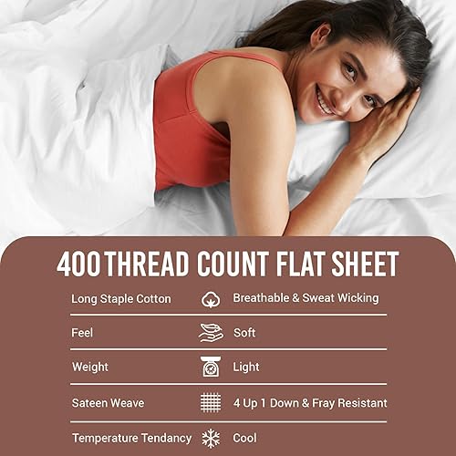 Miniatura 4 de Pizuna - Sábana encimera 100 % algodón, blanca, 1 pieza, lujosa, satén de 400 hilos, algodón de fibra larga con dobladillo de 10 cm (sábana encimera