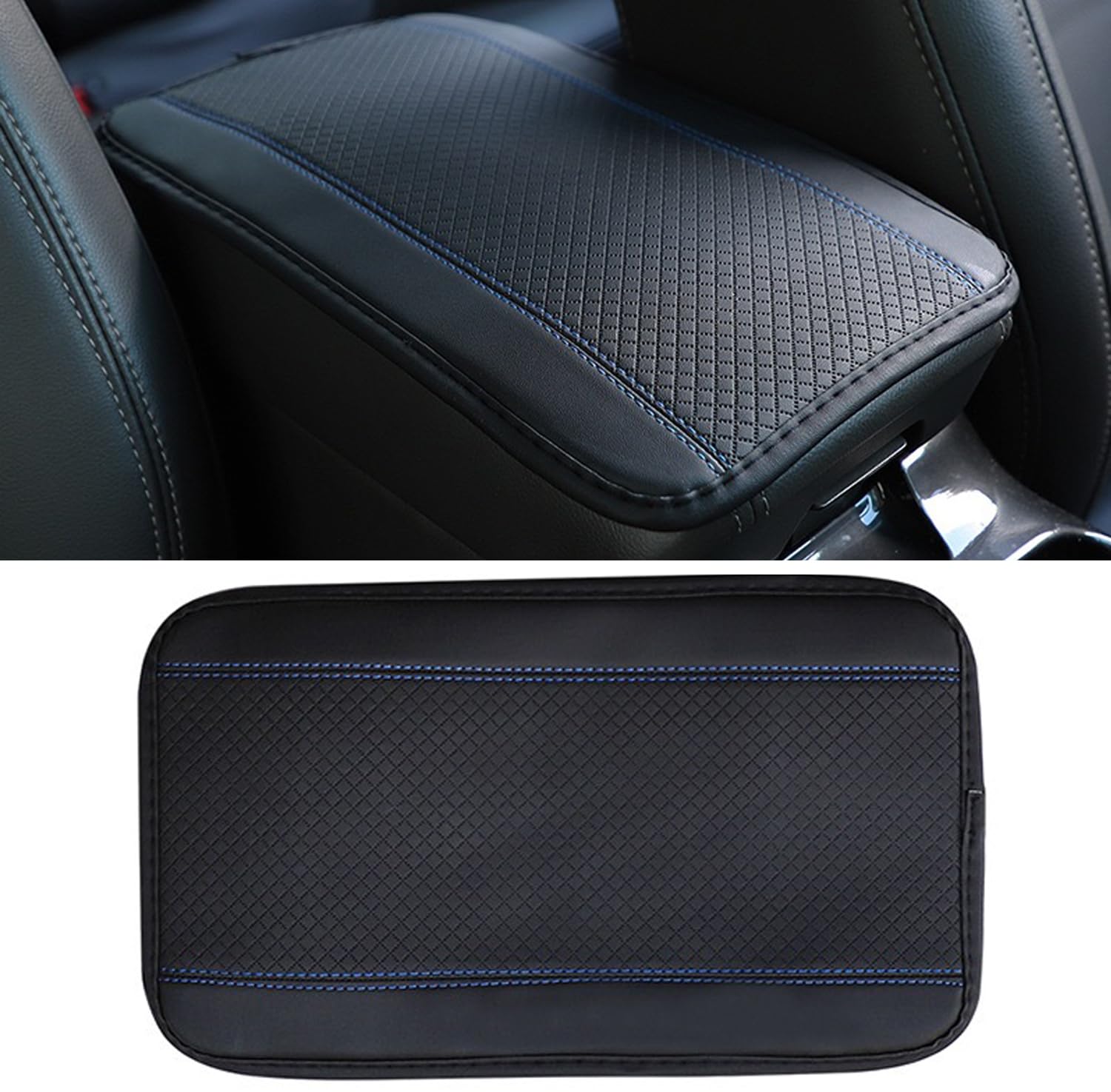 Car Center Console Cover, PU Leather Car Armrest Box Pad, Universal Waterproof Auto Armrest Seat Box Protector, Interior Car Accessories for Most Car, Truck, SUV (Black-Blue)