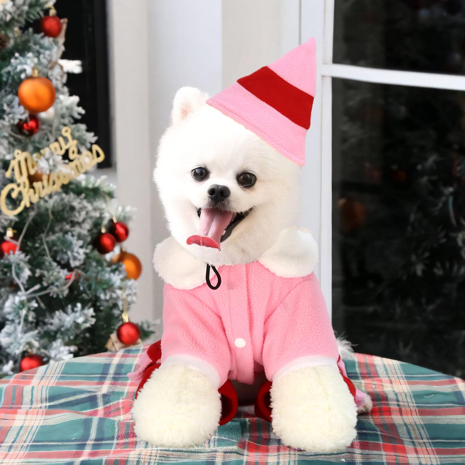 Traje de Navidad para perro con gorra, divertido traje de elfo para perro, ropa de Navidad para mascotas, fiesta de invierno, trajes cálidos (rosa, M)