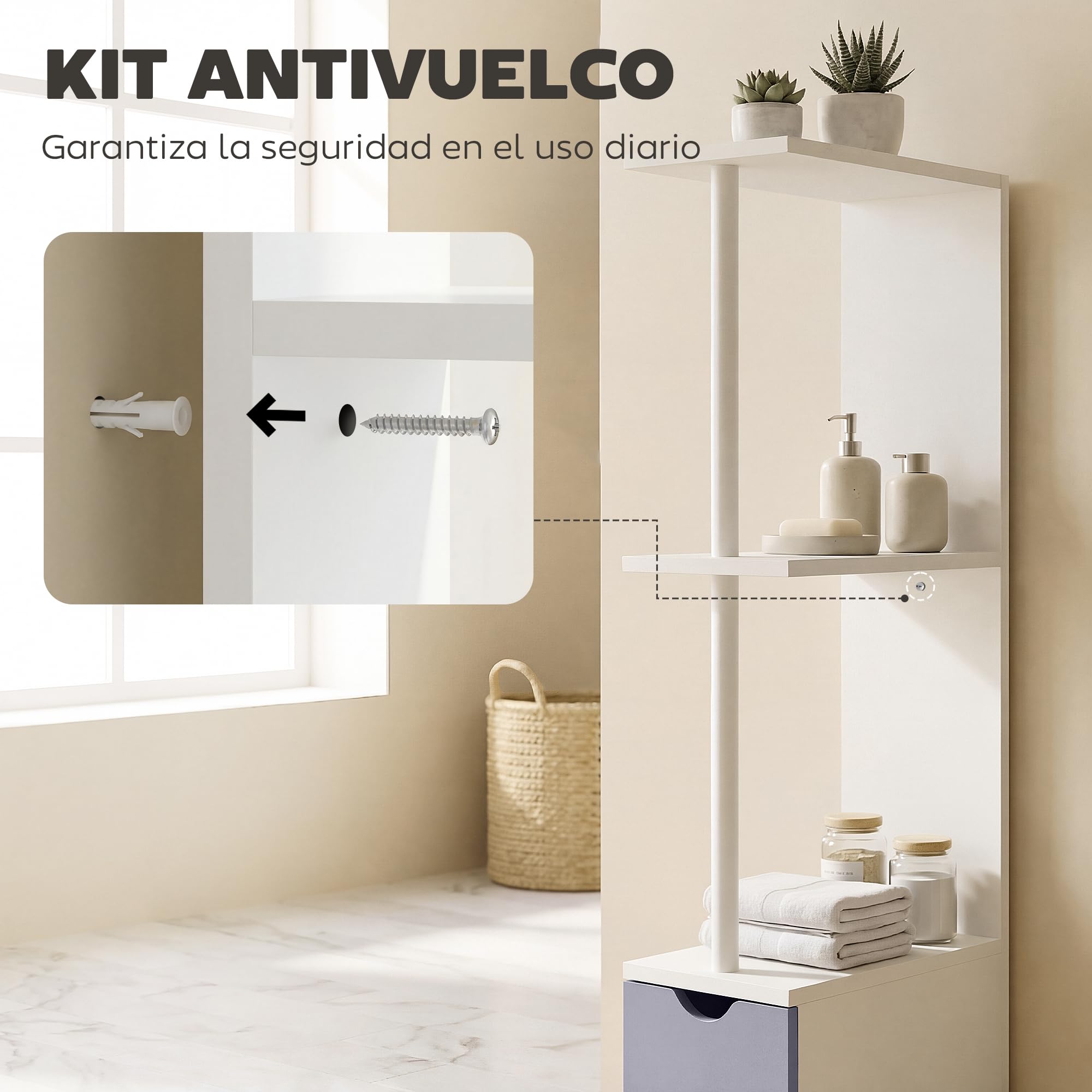 HOMCOM Columna Auxiliar de Baño Estrecha Moderna 15x33x136,8 cm Blanco | Armario Alto de Baño, Mueble Auxiliar, 2 Estantes, 2 Cajones, 1 Puerta, Antivuelco