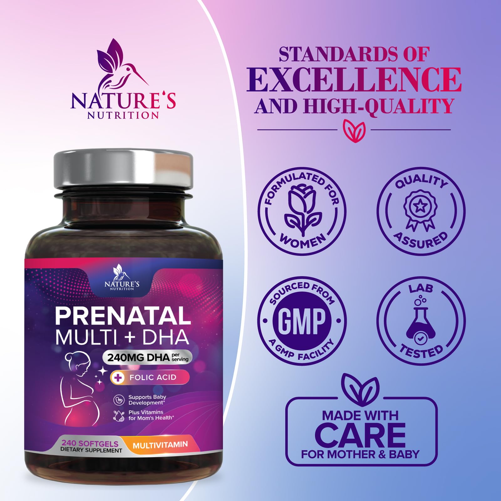 Prenatal Vitamins for Women with Folic Acid + Omega 3 DHA for Fetal Brain Development, Best Prenatal Vitamin Supplement, Daily Pregnancy Multivitamin Nutritional Support, Bottled USA - 240 Softgels — Amazon image 4