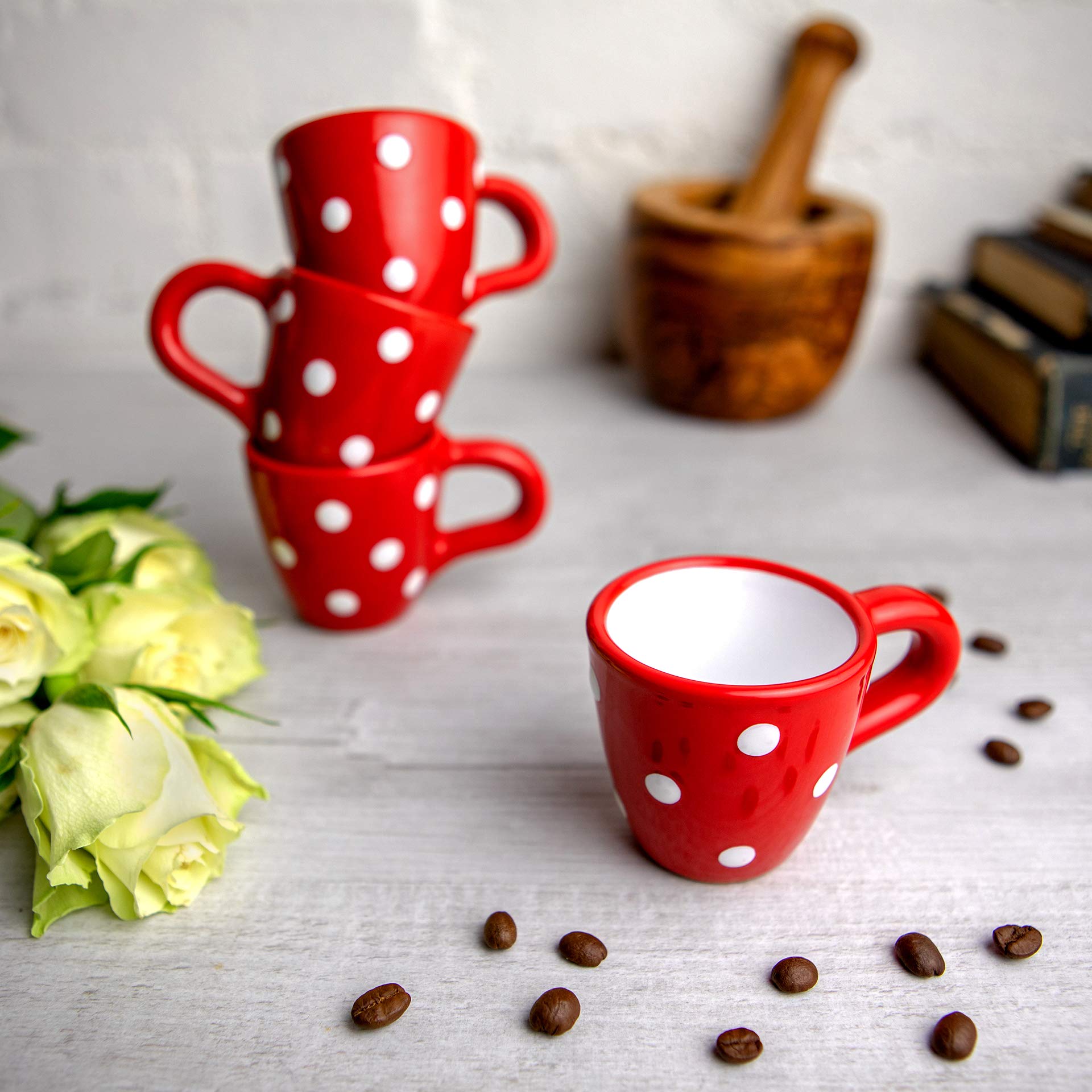 City to Cottage | Ensemble de 4 Tasses à Expresso | rouge à pois blancs en céramique faite et peinte à la main | 60ml