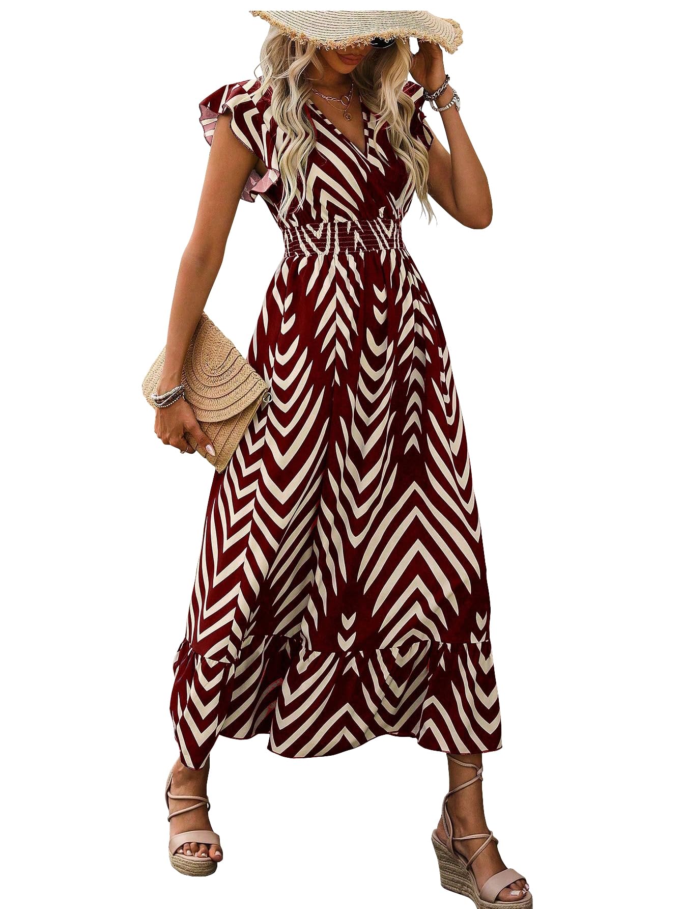 Shasmi Gestreifter V-Ausschnitt Bedrucktes Kleid mit gerüschtem Saum und Taillengürtel für den Urlaub, ein Stück für Damen Casual Kleid (Kleid 140)