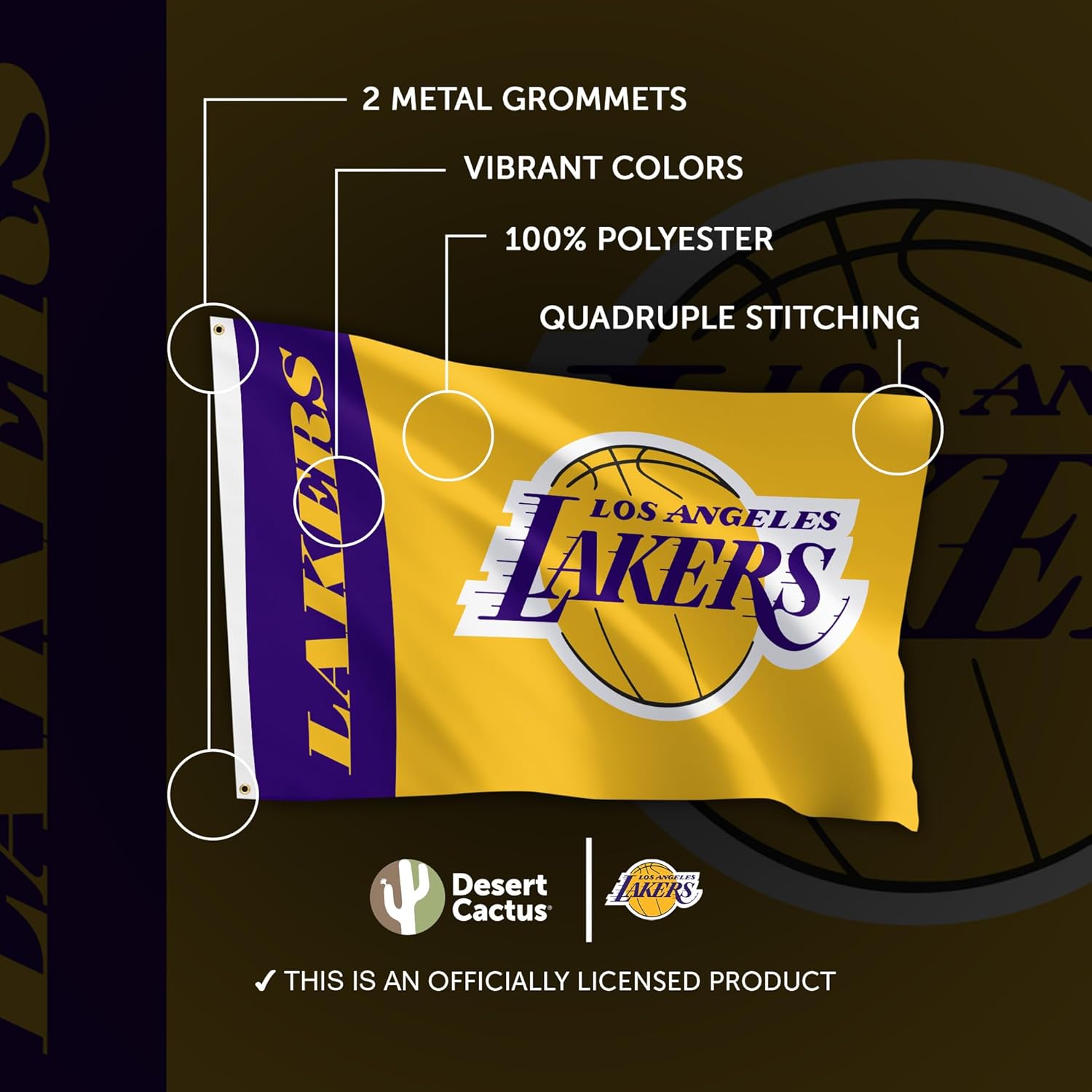 Desert Cactus Los Angeles Lakers Flag LA Lakers NBA National Basketball Association 100% Polyester Indoor Outdoor 3x5 feet Flags (Team Name)