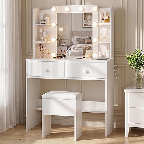 FUXA Makeup Vanity Desk with LED Mirror and Charging Station,