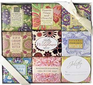 Jolitee French Milled Botanical Soap Sampler Set of Nine in Fabulous Scents, Individually Wrapped Vegetable Based Mini Soaps with Essential Oils, Shea Butter and Natural Extracts (Bulk Favor Set)