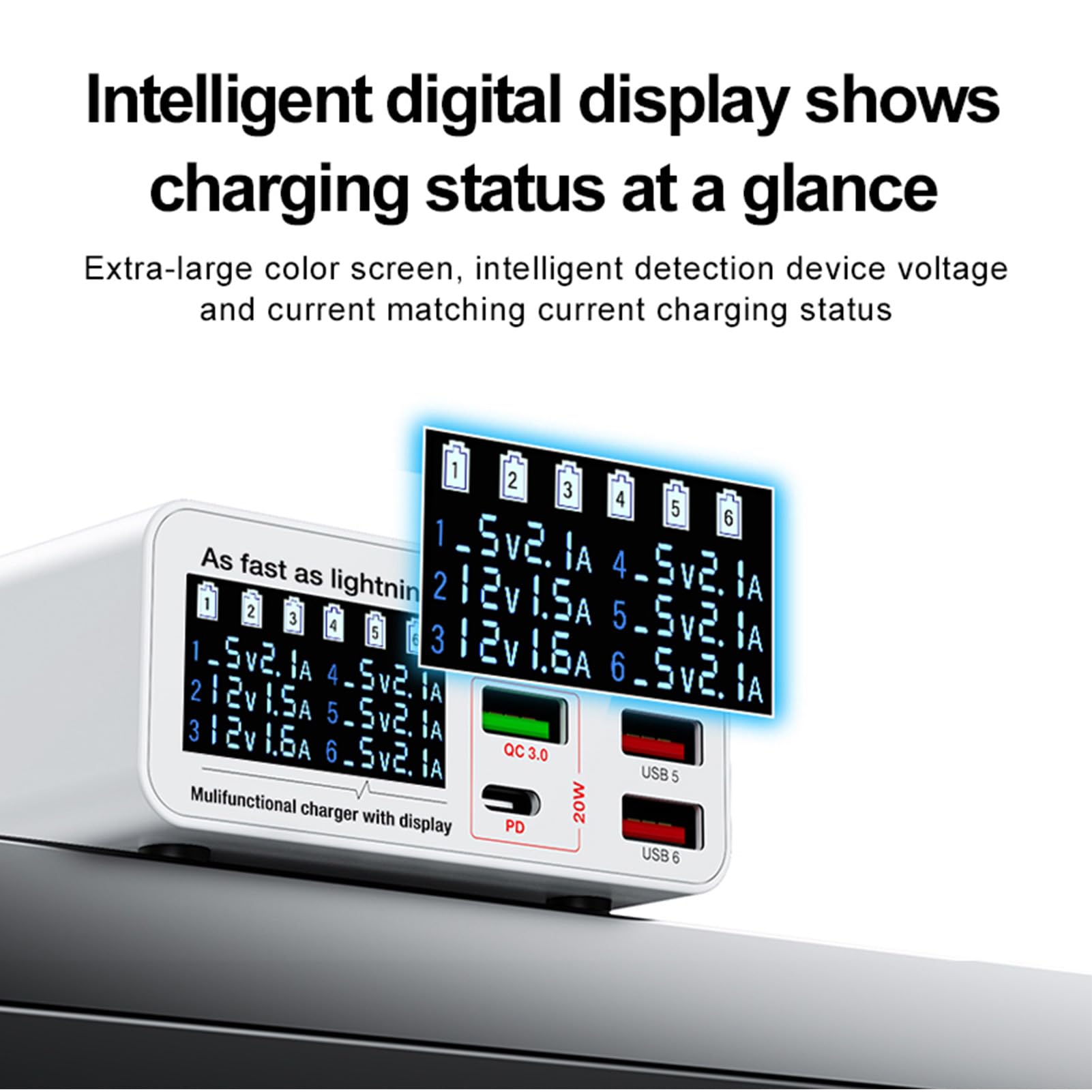 Sxhlseller Stazione di Ricarica USB da 40 W a 6 Porte, Hub di Alimentazione da Tavolo con Display LCD Intelligente |Adattatore Caricabatterie Rapido QC 3.0 PD Tipo C per Tablet e (Spina europea)