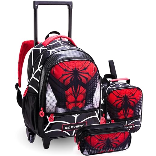Kit Mochila Mala Bolsa Escolar Rodinha Infantil Masculina Lancheira Térmica Estojo Herói Spider Aranha