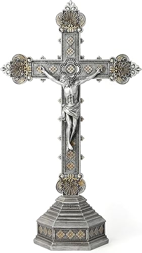 BC CATHOLIC Crucifijo de pie, estatua de cruz religiosa, regalo católico, pintado a mano en plata vintage, 14.7 pulgadas de alto BUILDCLASSIC