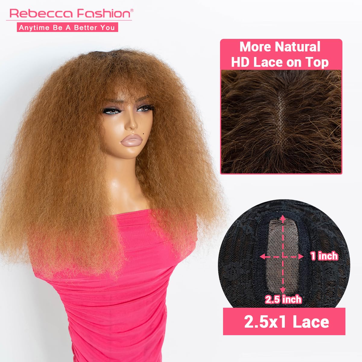 Rebecca Fashion Afro Kinky Curly Wig with Bangs Human Hair Minimalist 2.5x1 Lace Scalp Wig for Women Glueless Wear and Go Wigs Ombre Dark Brown to Honey Blonde Color