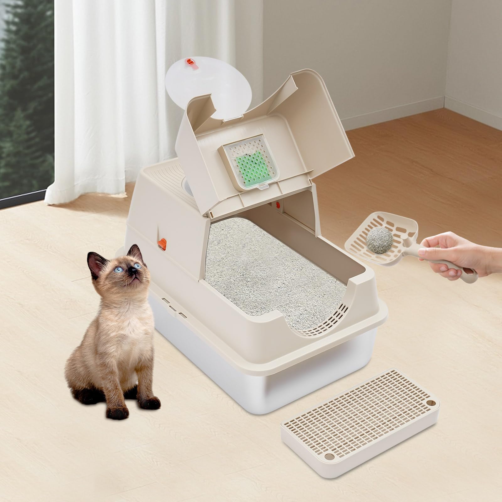 Lettiera per gatti in acciaio inox, autoportante, 60 x 40 x 39 cm, chiusa, con paletta e vano filtro al carbone, per balcone, bagno, negozio di animali