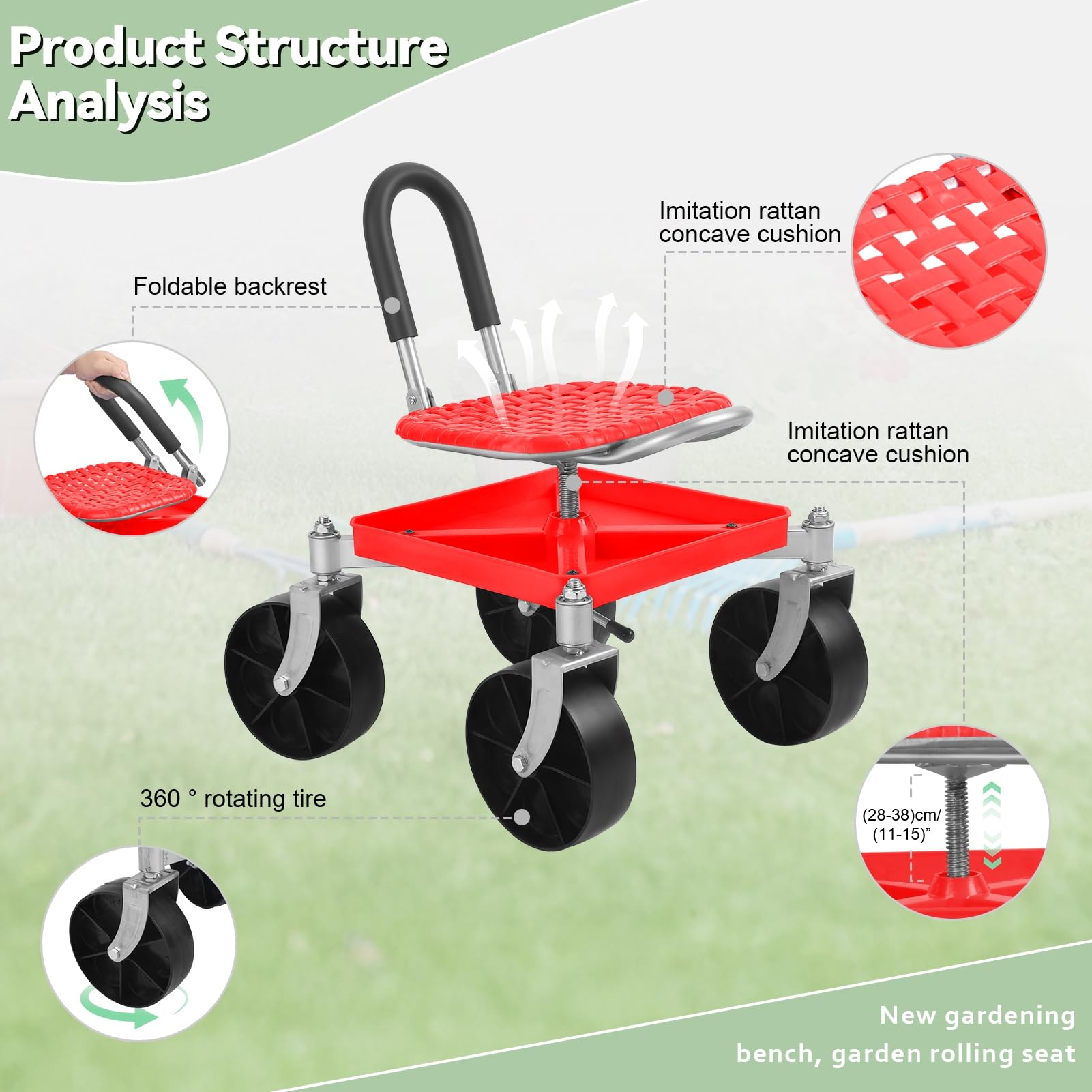 Sgabello da giardino con ruote, regolabile in altezza 51-61 cm, girevole a 360°, portata 150 kg, con ripiano per attrezzi, ideale per anziani, giardinieri e problemi di schiena