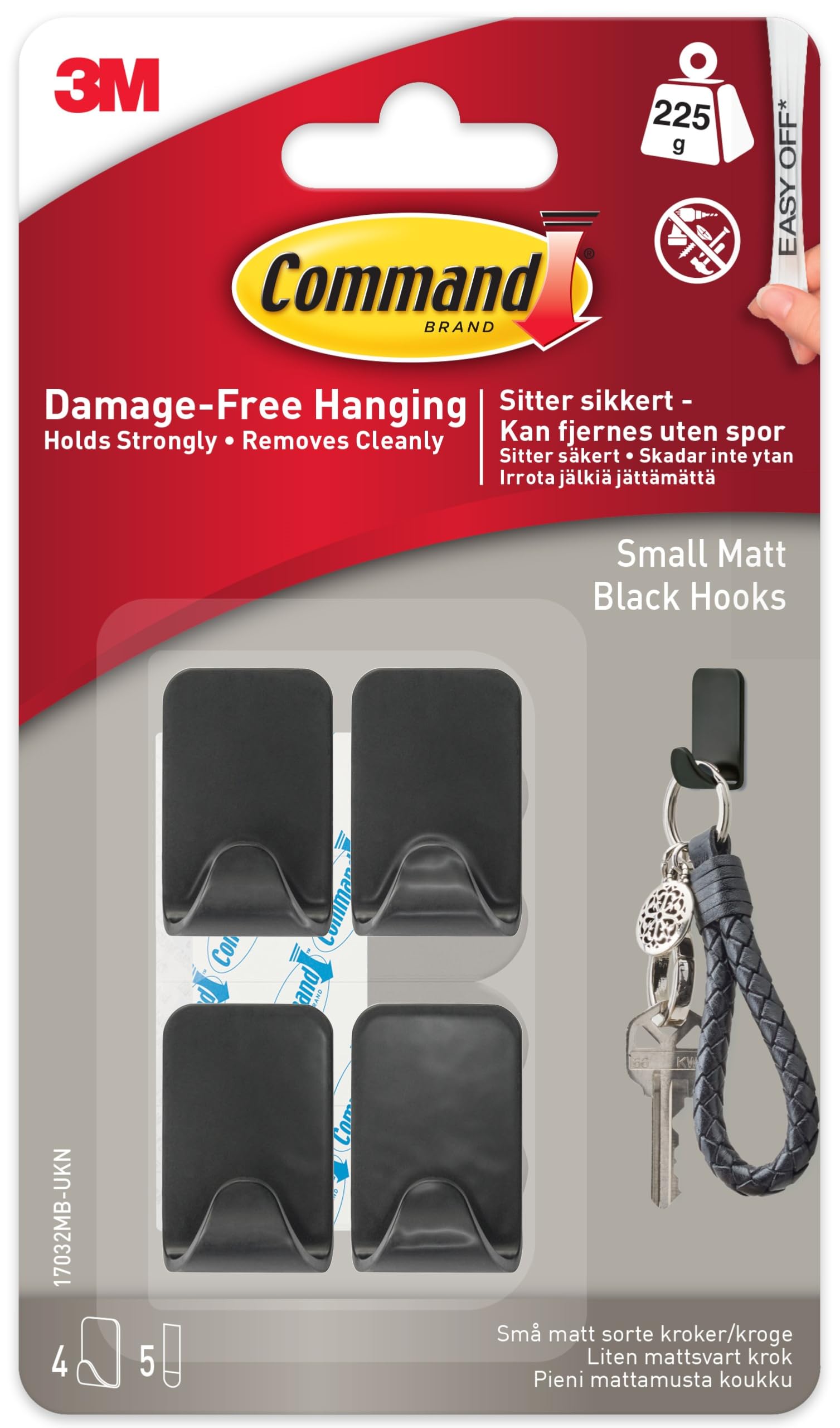 3M Command Small Metallic Hook 4 Hooks 225G Weight Capacity - Black