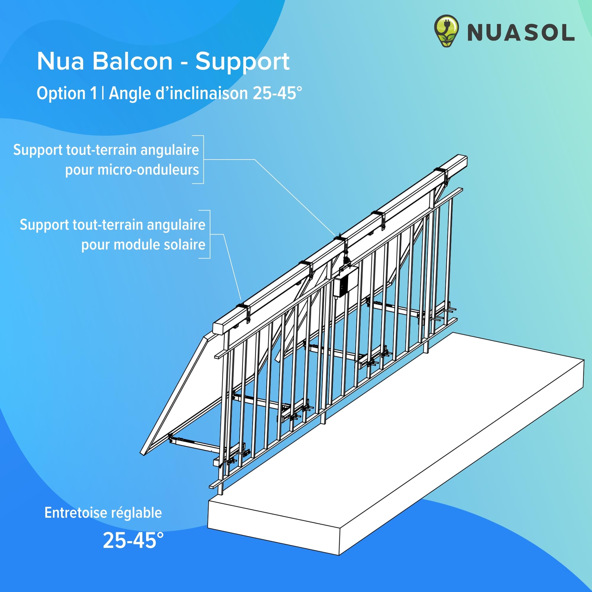 Support de balustrade pour balcon Fixation pour 2 panneaux solaires et un onduleur photovoltaïque | Angle d'inclinaison 0° & 25-45°| Largeur de balustrade jusqu'à 80x80mm, argenté