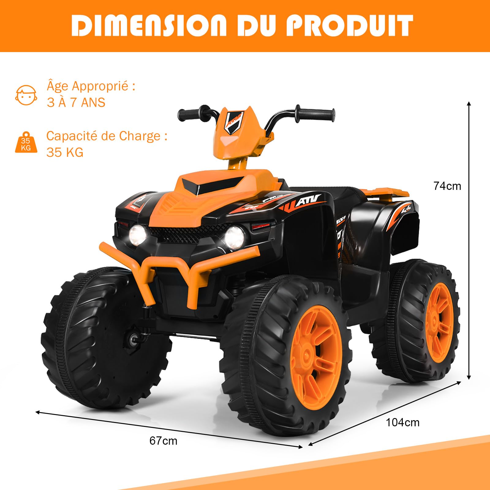 GOPLUS Voiture Quad Buggy Électrique pour Enfant 12V avec 2 Vitesses 2,8-5 km/h, Quad Électrique avec Phare, Klaxon, MP3 et USB, Démarrage Lent, pour Enfants de 3-7 Ans, 104X67X74CM (Orange)