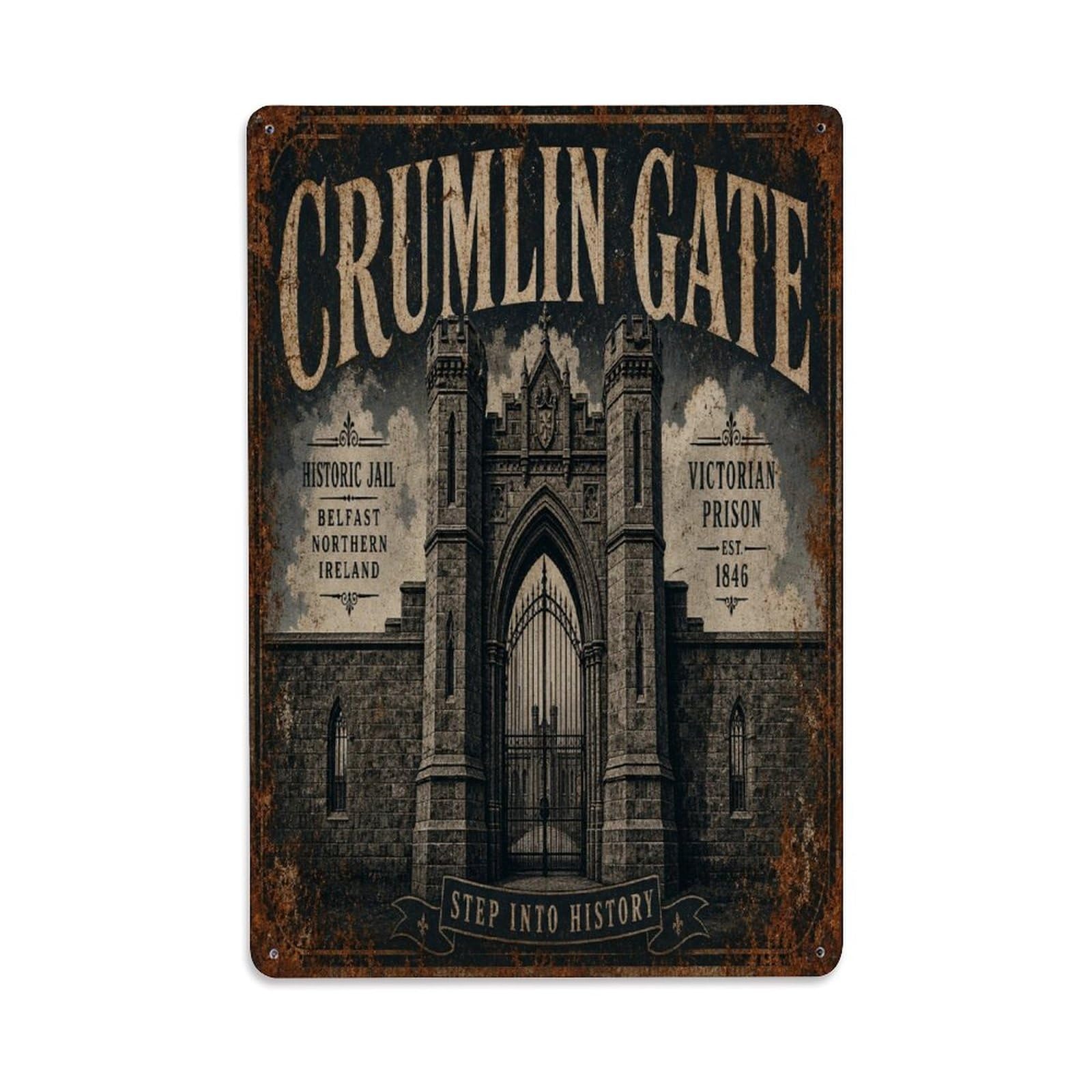Belfast Victorian Prison Gate Historic Landmark Metal Tin Sign Plaque Wall Decor for Cafe, Man Cave, Club Bar, Office, Home Garden Round Metal Poster 8x12Inch