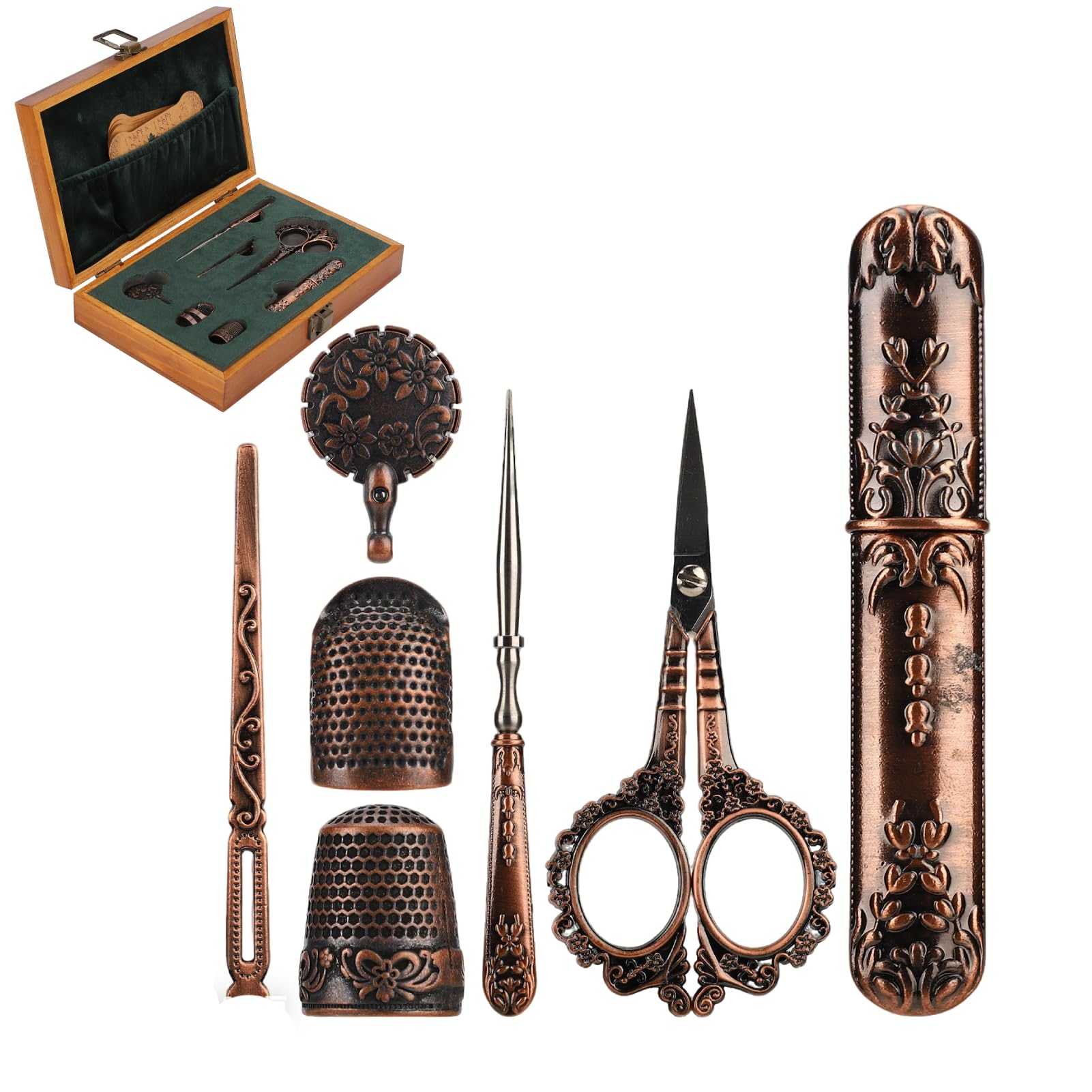 HERCHR Vintage-Stickscheren-Set, Nähschere aus Edelstahl, Ahle, Nadeletui, Wickelbrett zum Nähen, Stricken, Quilten mit Holzbox (Bronze)
