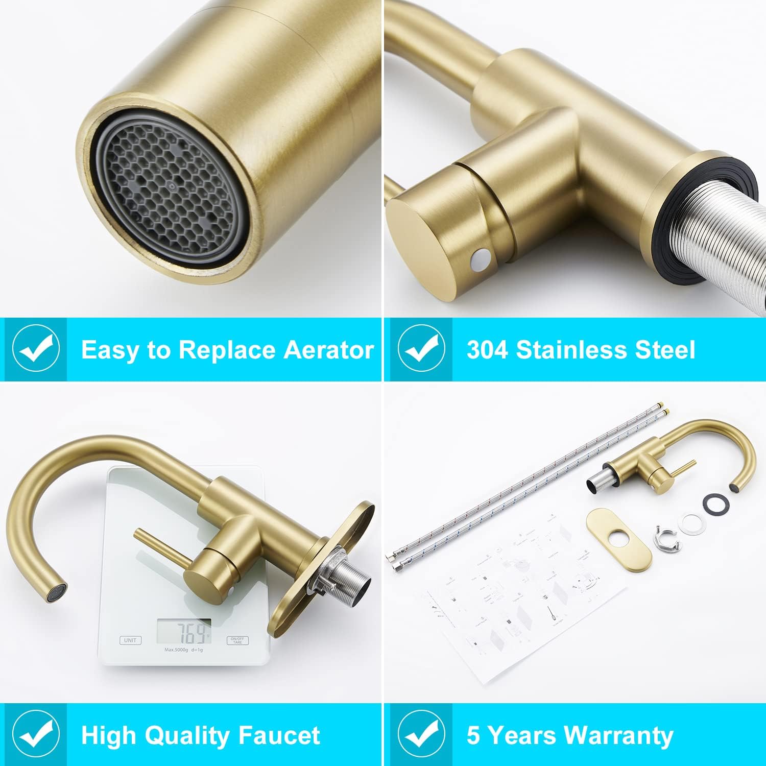 CREA Bar Sink Faucet Single Hole,Brushed Gold Faucets for Large Bathroom Basin/Small Kitchen Sink,Stainless Steel with Deck Plate,Prep Wet Bar Lavatory Vanity Outdoor - Image 7