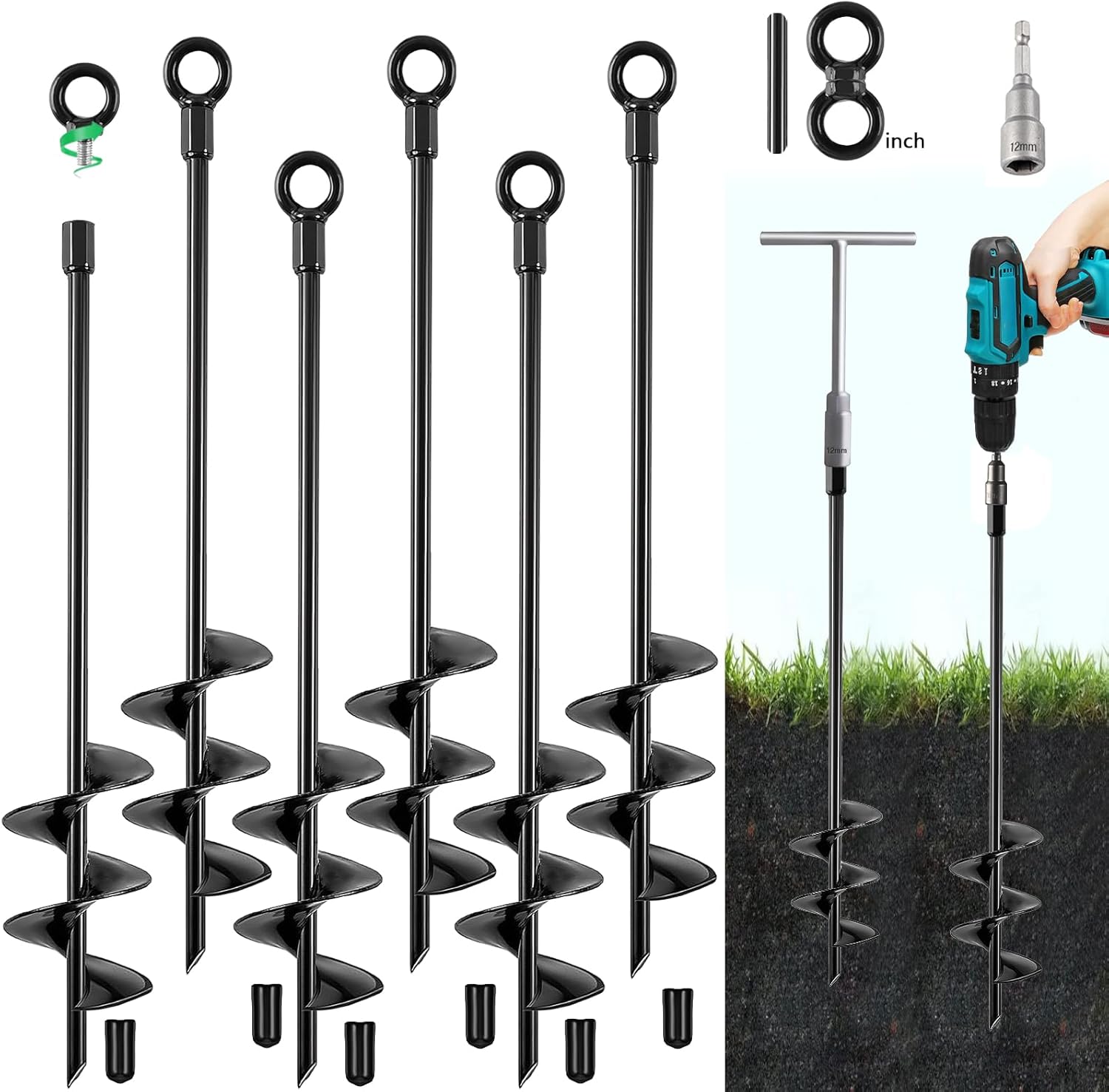 Ground Anchors Screw in, 18 Inch Heavy Duty Swing Set Ground Anchor Kit 6 Pack, Spiral Earth Trampoline Stakes High Wind Metal Auger Stakes for Dog Sheds Tent Carports Camping