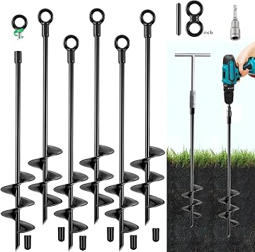 Fabulas Ground Anchors Screw in, 18 Inch Heavy Duty Swing Set Ground Anchor Kit 6 Pack, Spiral Earth Trampoline Stakes High Wind Metal Auger Stakes for Dog Sheds Tent Carports Camping