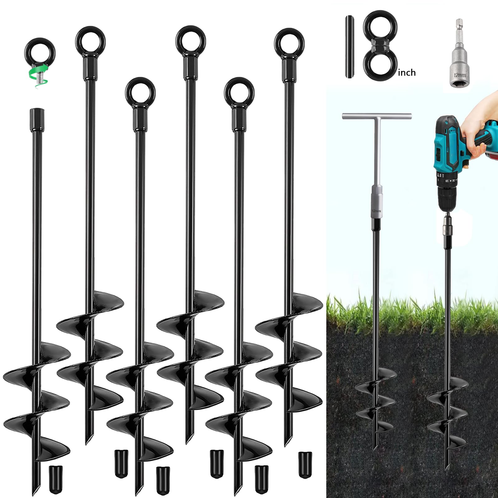 Fabulas Kit d'ancrage au sol à visser de 45,7 cm, kit d'ancrage au sol robuste de 45,7 cm, ancrages au sol en spirale, piquets de trampoline, ancrage tarière en métal pour abris de chien, tente, abri