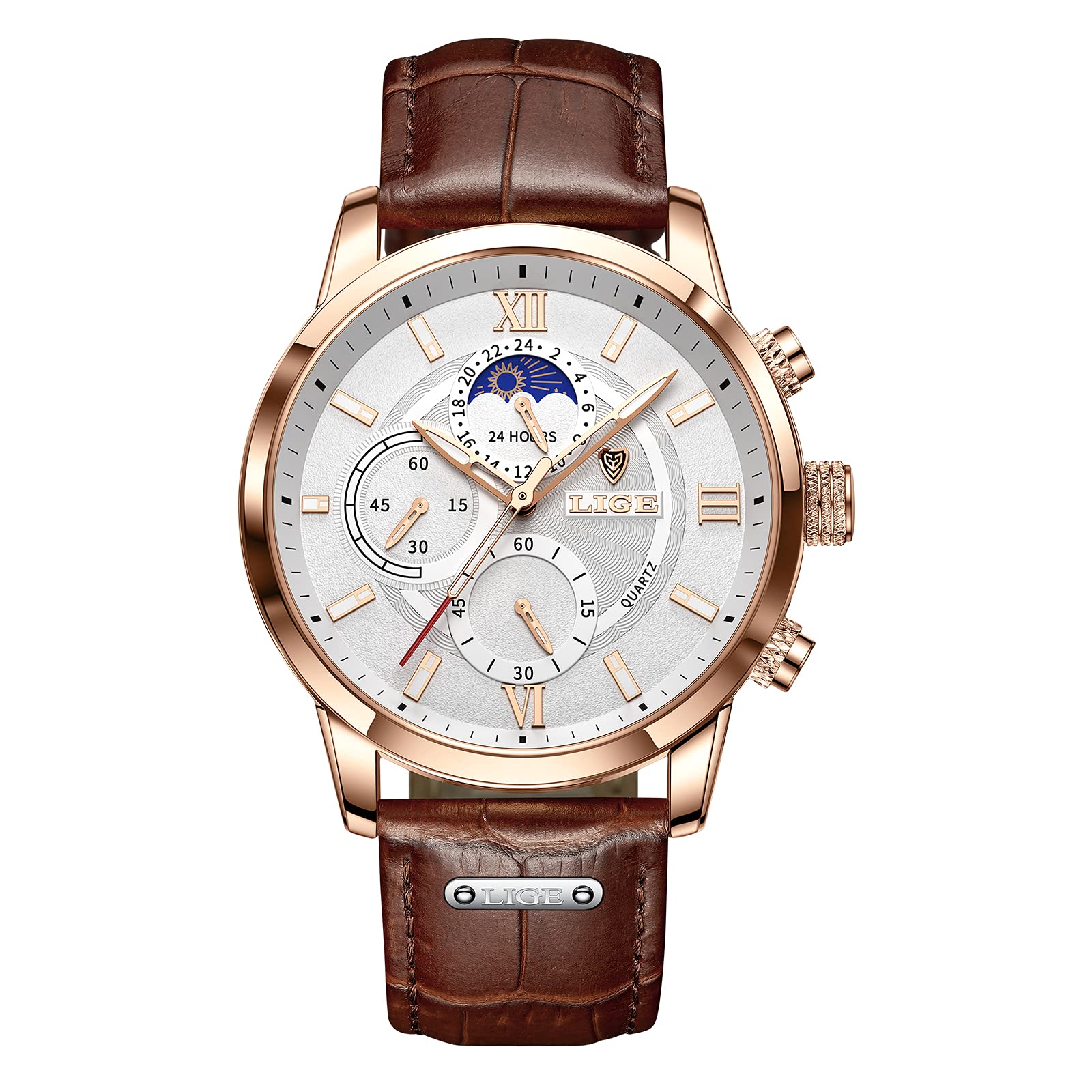 LIGE Relojes Hombre, Reloj de Pulsera de Cuero con Correa de Cuero para Vestido de Negocios de Cuarzo Analógico a Prueba de Agua a la Moda para Hombres