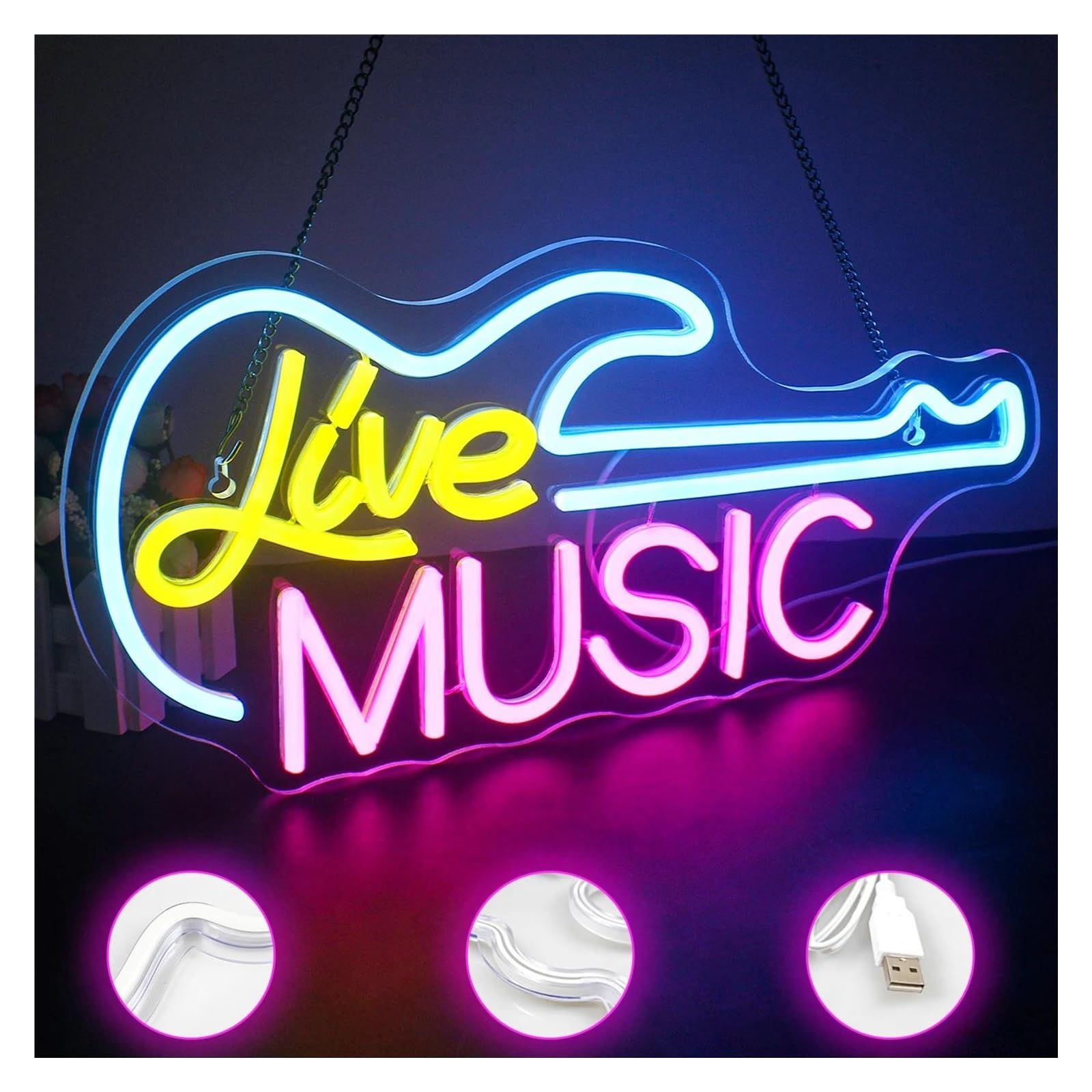 Wiszące neony artystyczne Neon "Live Music"Gitara Muzyka Dekoracja Ścienna Lampy Do Pokoju Bar Studio Impreza Klub Dekoracyjny 20.5x42cm