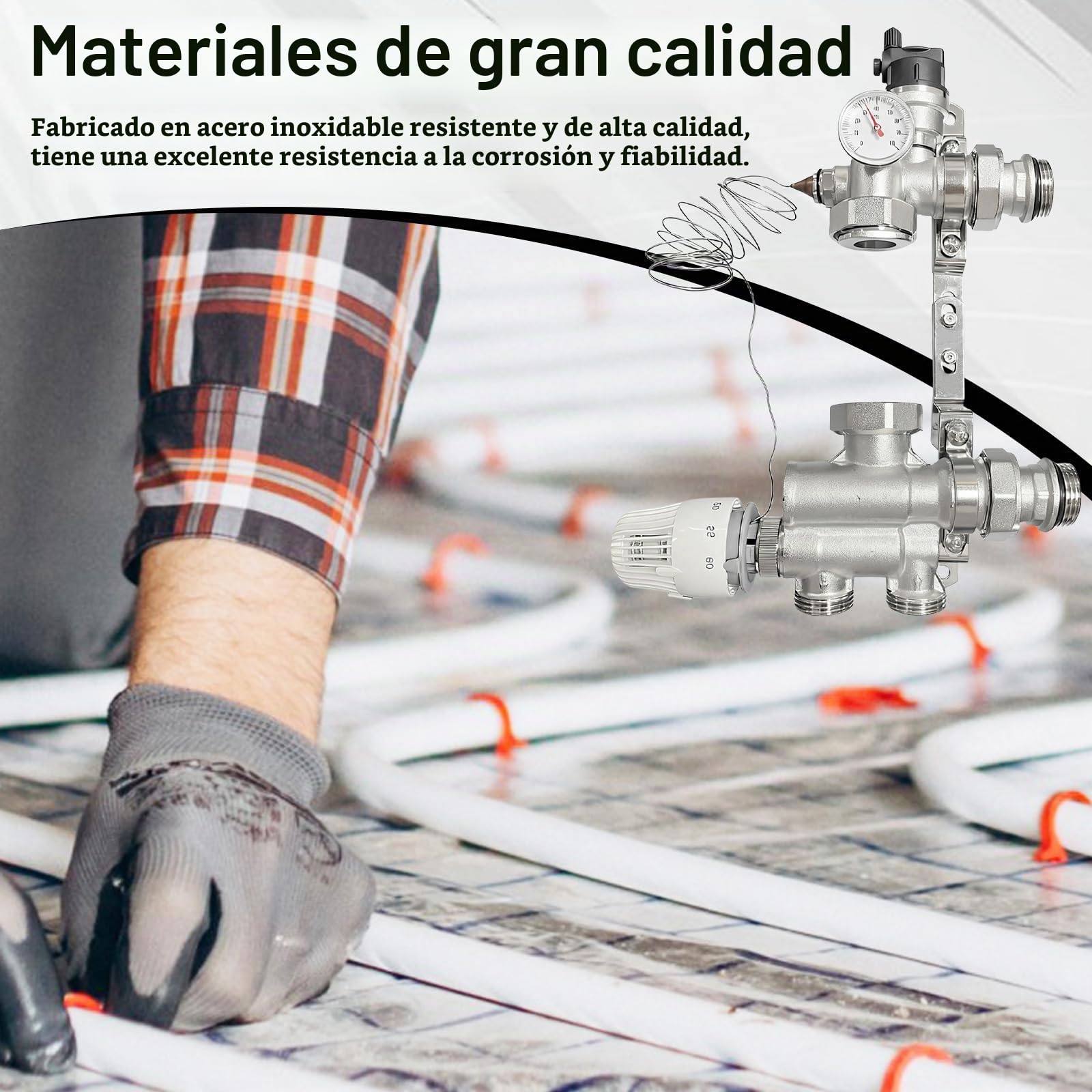 Conjunto Control Valor Fijo Para Calefacción Por Suelo Radiante, Ajustable 20 A 70 °C Con Válvula Mezcladora Y Cabezal Termostático Indicador Temperatura Para Calefacción Central Colector (Sin Bomba)