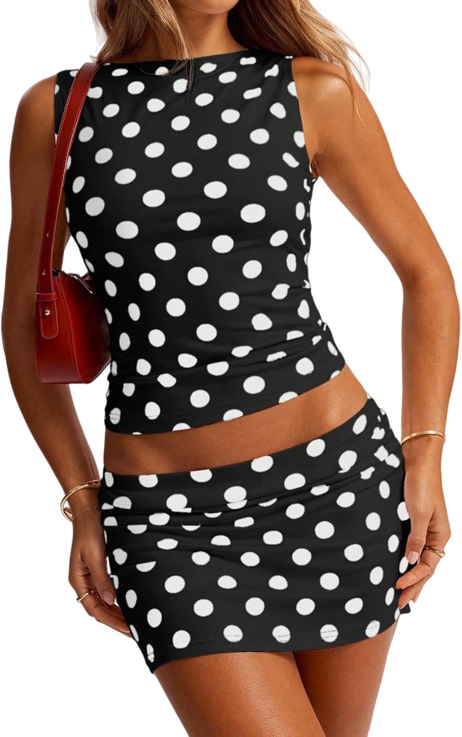 Women's Polka Dot Two Piece Sleeveless Crop Top Mini Skirt Y2K Party Summer Trendy 2026 Outfit