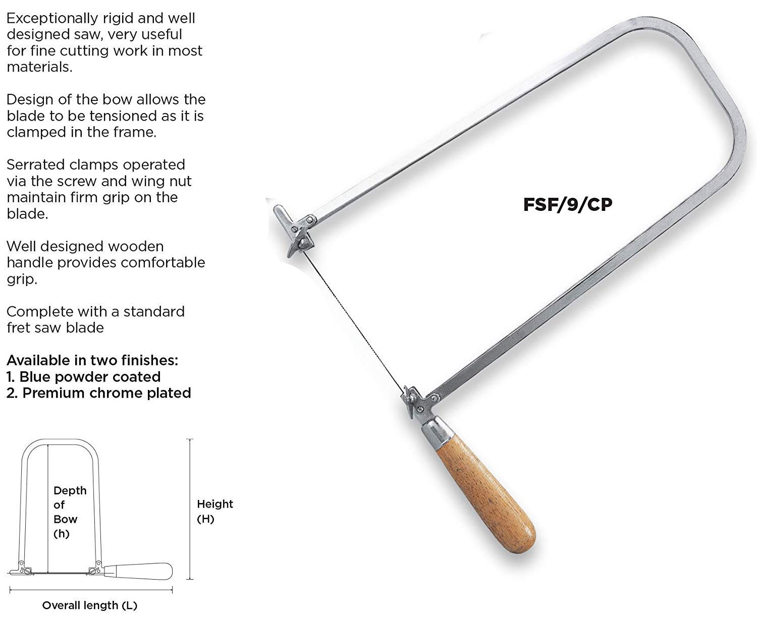 Groz Fret Saw Frame, 12 Inch / 300 mm Premium Chrome Plated Steel Bow with 11-3/8 Inch Throat Depth, Wooden Handle, Serrated Wing-Nut Blade Clamps, Includes Blade, FSF/9/CP (30222)