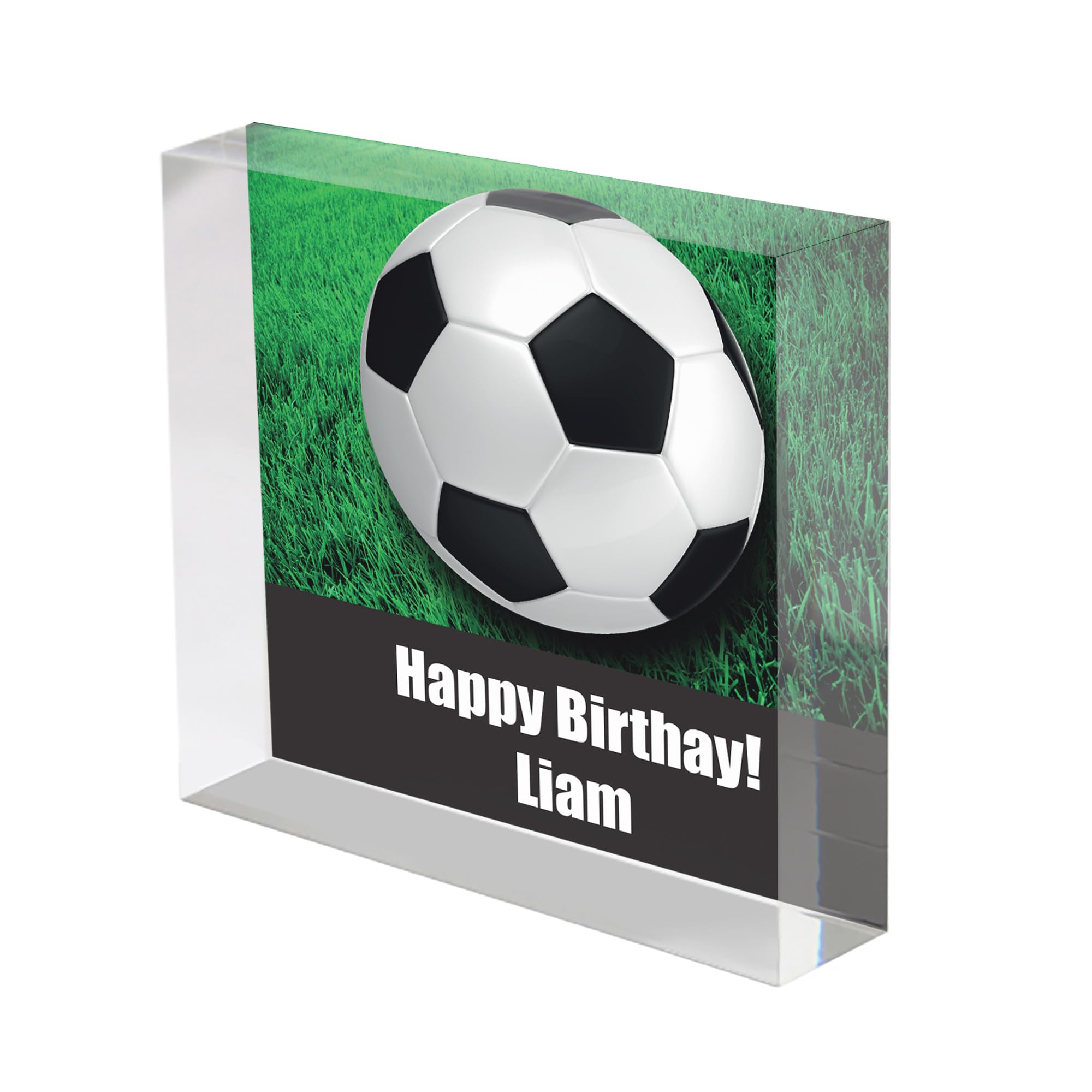 stika.co Personalised Football Acrylic Block – 100x100mm Clear Display with 3D Effect – Custom Text Gift for Football Fans, Players, Coaches
