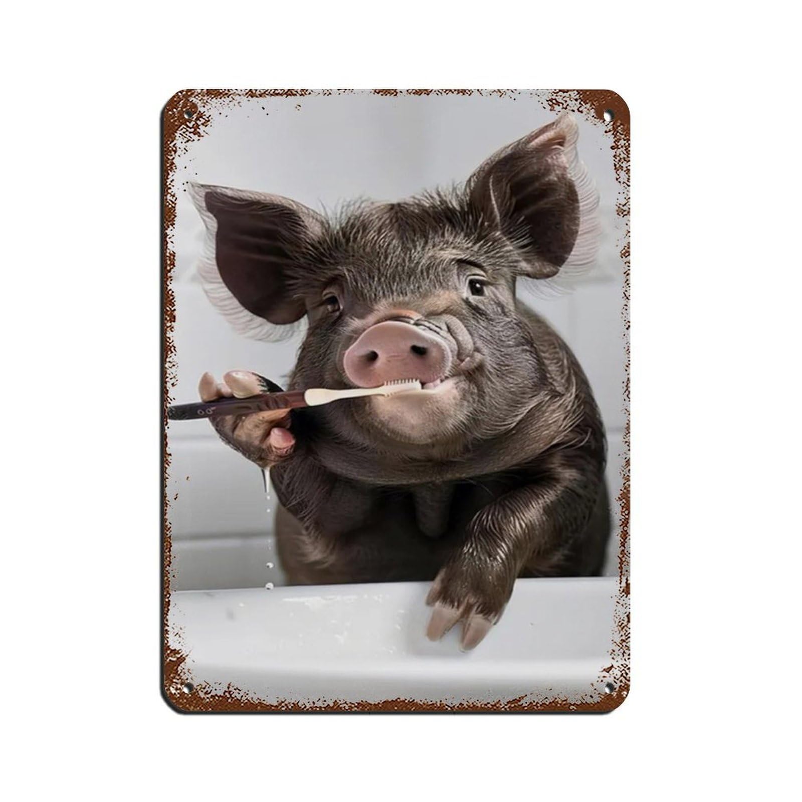 Pig Brushing Teeth, Hilarious Bathroom Art Tin Sign Vintage Metal Pub Club Cafe Bar Home Wall Art Decoration Poster Retro 12x16inch(30x40cm)