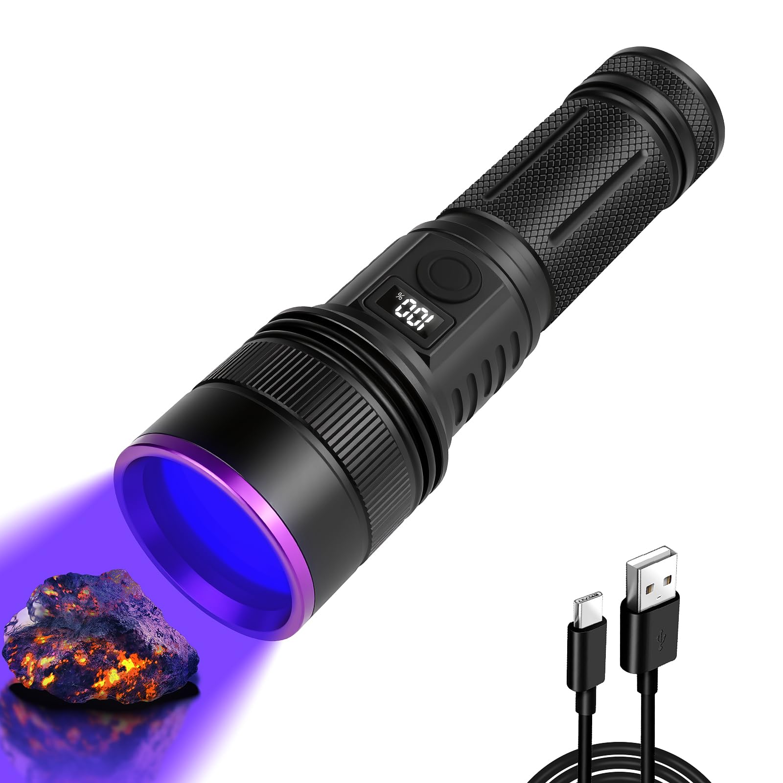 Windfire Black 30W Uv Torch 365Nm, Light Torches Rechargeable With Lcd Display, High Power Ultraviolet Flashlight For Pet Urine Detection, Rocks, Scorpions, Resin Curing, Bed Bugs, Uranium Glass