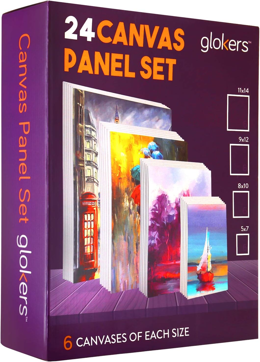 Glokers Paint Canvas Panels Set - 24 Primed Art Canvases for Painting - 11x14, 9x12, 8x10, 5x7 - White Cotton Blank Canvas Board Great for Wet or Dry Media, Acrylic, Oil, Gouache & Tempera