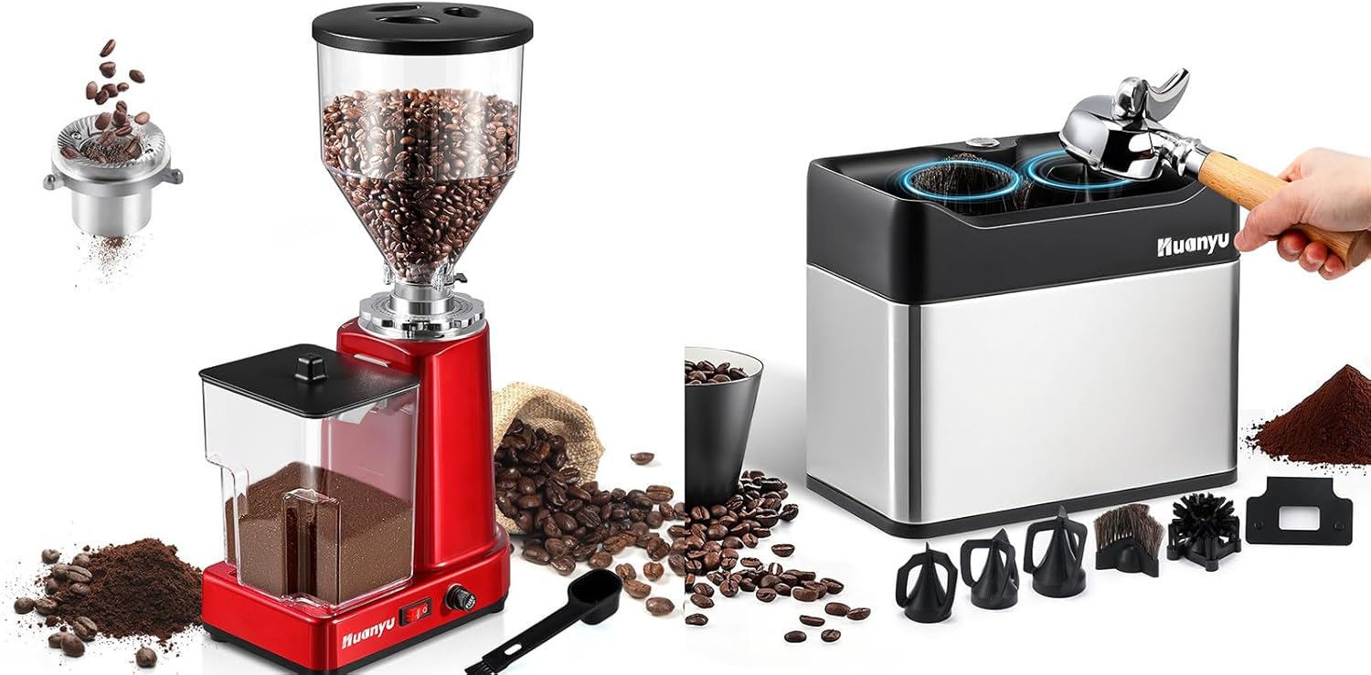 Huanyu Flat Burr Coffee Grinder Large Capacity 35oz Red and Huanyu Electric Espresso Portafilter Cleaner with Dual Brush Heads and Three Scrapers Bundle
