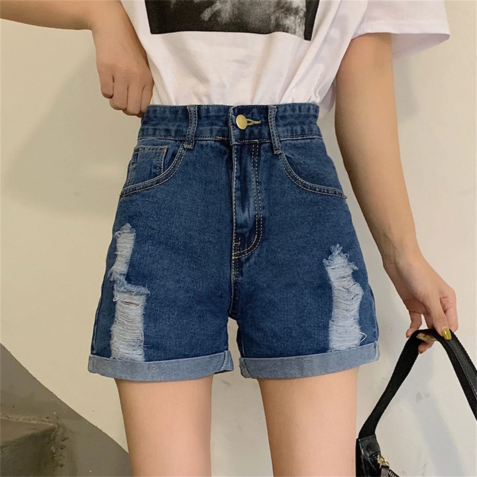 JEKE-DG Women's Casual High Waisted Distressed Shorts Ripped Rolled Hem Stretch Shorts Jeans Folded Hem Denim Shorts (Medium,Dark Blue)