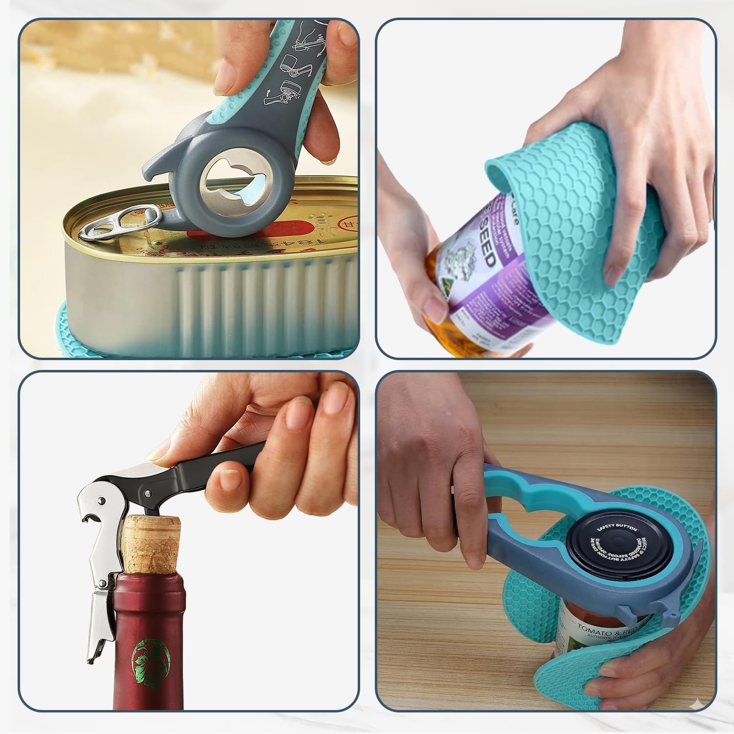 Romi&Co Jar Opener - 5 in 1 Multi-Function, Manual Bottle Tool with Non Slip Rubber Jar & Corkscrew Wine Opener - Ideal Gripper Pad for Weak Hands & Seniors with Arthritis - Blue and Gray