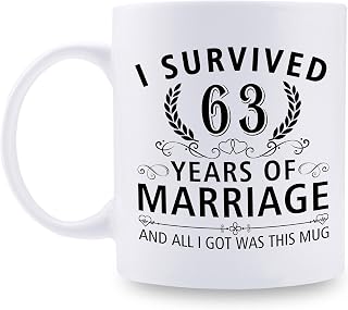 63rd Wedding Anniversary Mugs for Couple Husband Wife - I Survived 63 Years of Marriage and All I Got Was This Mug - 63 Year Anniversary 11 oz Coffee Mug for Him Her