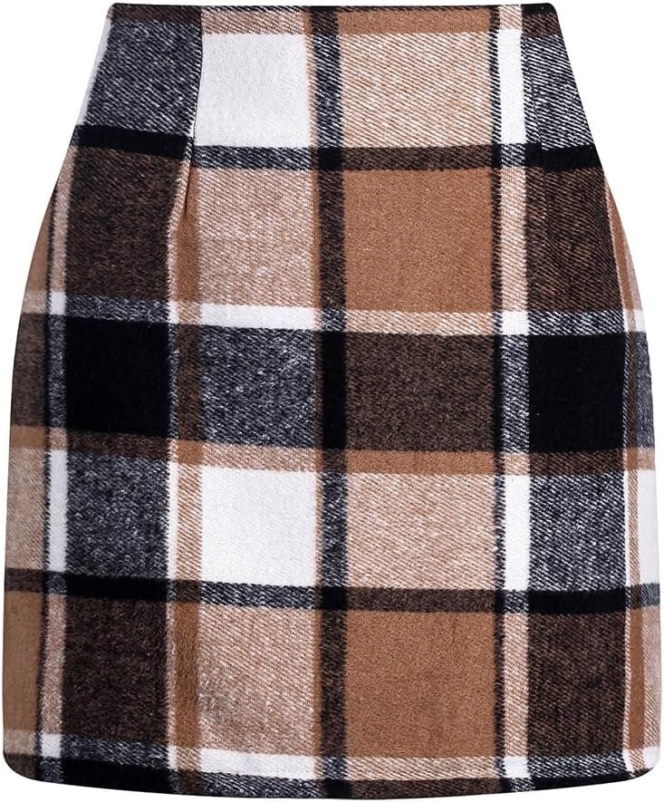 Womens Wool Plaid Mini Skirts Fall Winter High Waist Bodycon Pencil Skirt