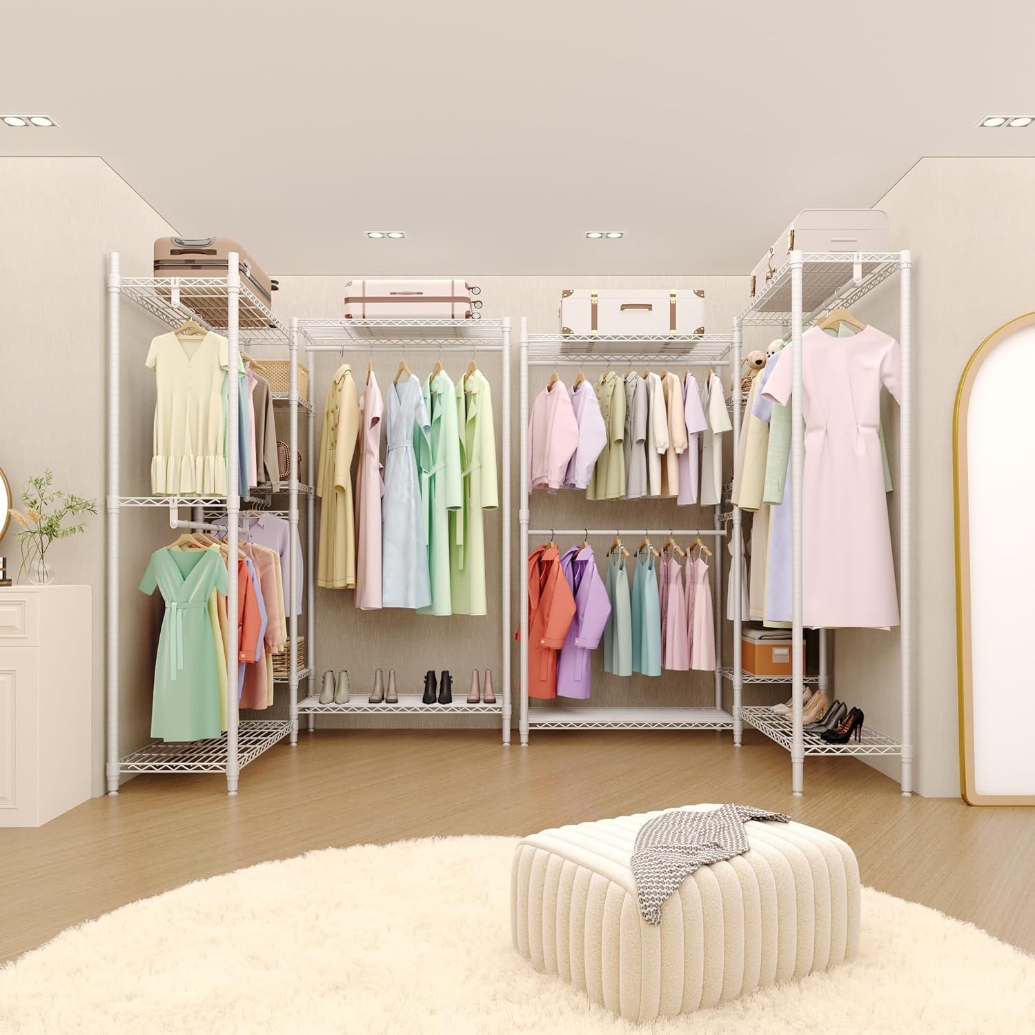 Heavy Duty L-Shaped Freestanding Clothes Rack - Portable Metal Wardrobe Organizer - 4 Hanging Rods & 7 Adjustable Shelves - 1870 lbs Capacity - Corner Closet Storage for Bedroom, Cloakroom -