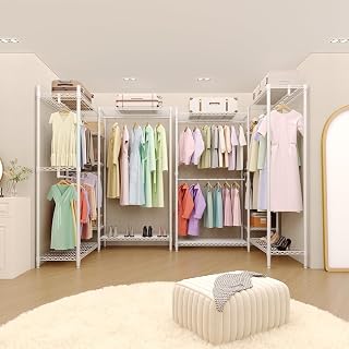 Heavy Duty L-Shaped Freestanding Clothes Rack - Portable Metal Wardrobe Organizer - 4 Hanging Rods & 7 Adjustable Shelves - 1870 lbs Capacity - Corner Closet Storage for Bedroom, Cloakroom -