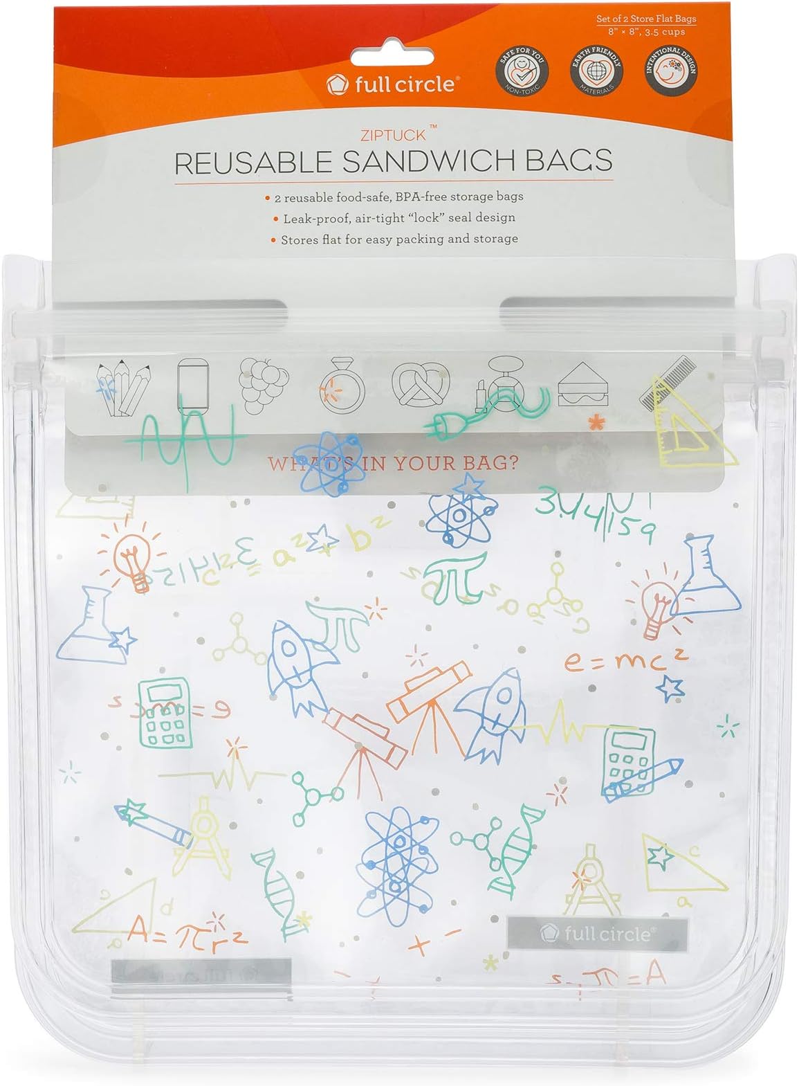 Full Circle ZipTuck Kids, Reusable Plastic Bags Sandwich Set, STEM
