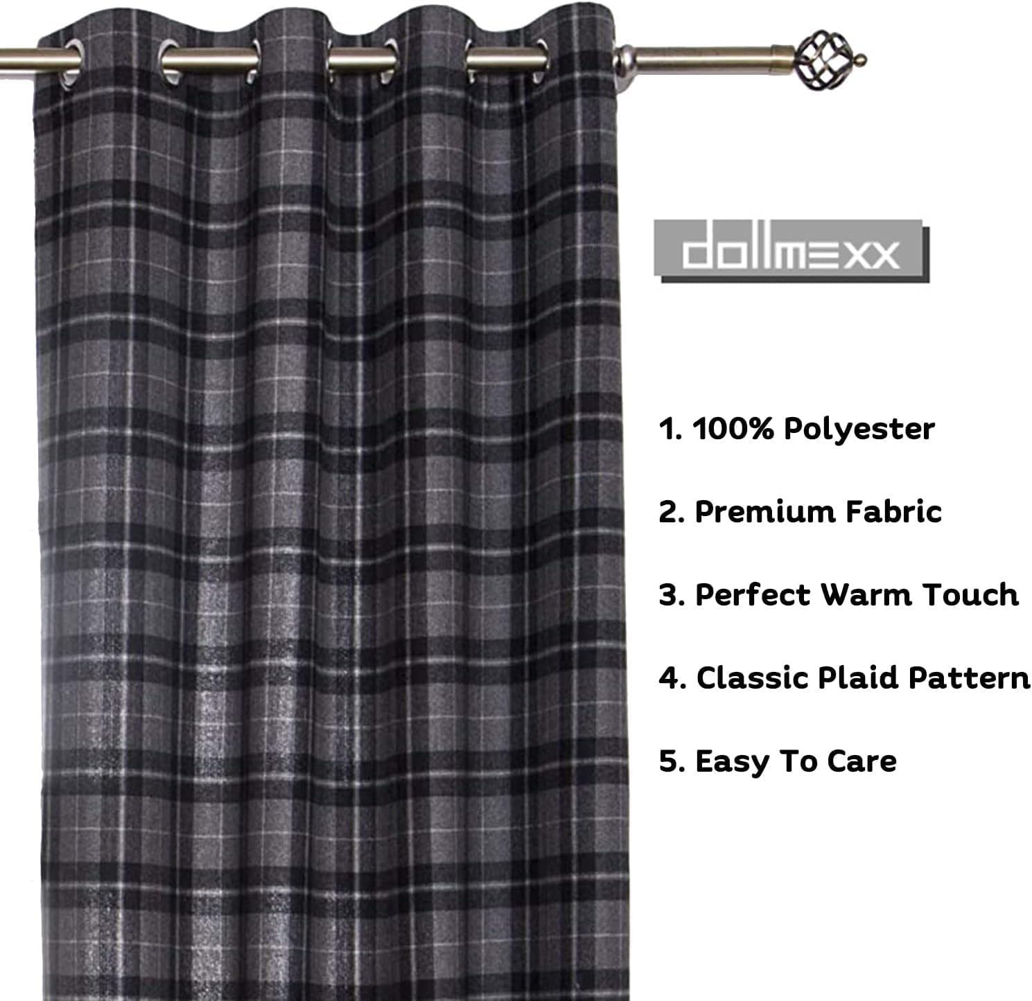 Thermal Insulated & Light Filtering Curtains 2 Panels 52" W x 95" L, Black Gray Checkered Faux Wool,Rustic Farmhouse Plaid Curtains for Bedroom Decor