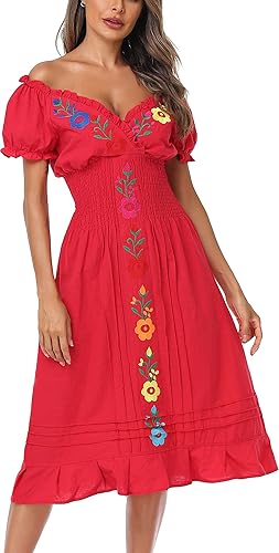 Miniatura 5 de YZXDORWJ Vestido casual bordado mexicano para mujer, cuello en V, mangas cortas