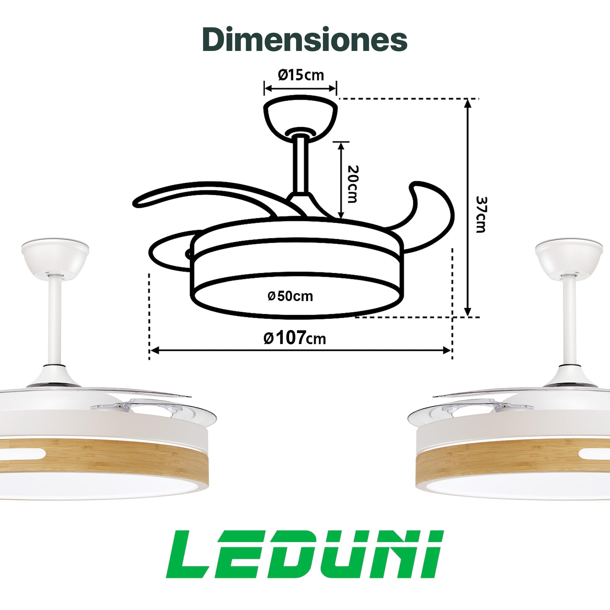 LEDUNI Ventilador de Techo con Aspas Retráctiles Control Remoto 66W | 30W Motor DC+36W Luz 2880LM Luz Integrada, Color Blanco CCT 3000-4000-6000K (Madera Liso)